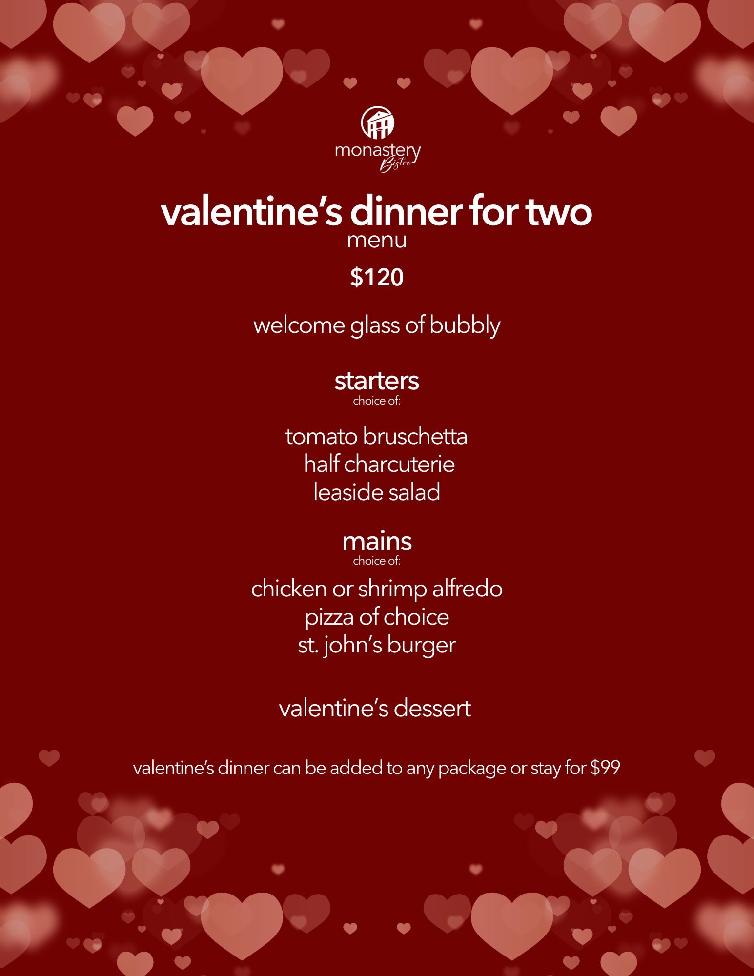 Monastery Bistro Valentine's Menu